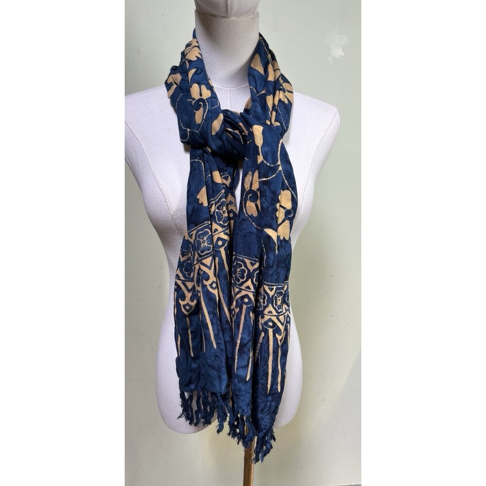 Mexicali Blues Beige Navy Batik Tie Dye Floral Multifunctional Scarf Hippie Boho
